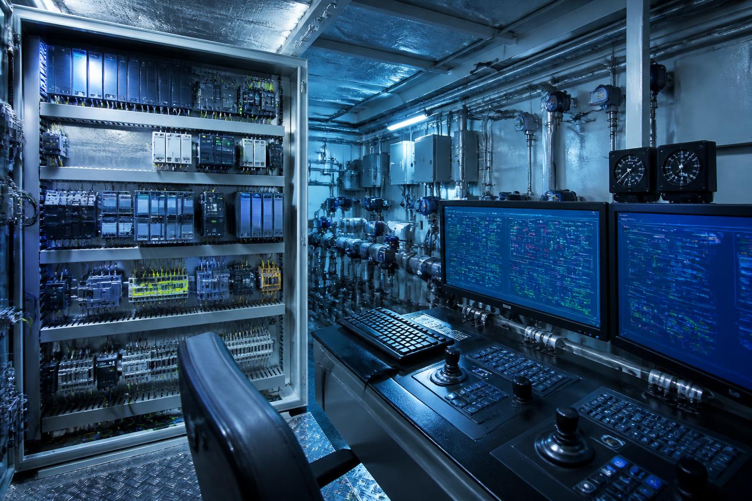 Marine automation control room with PLC cabinet, HMI screens and instrumentation