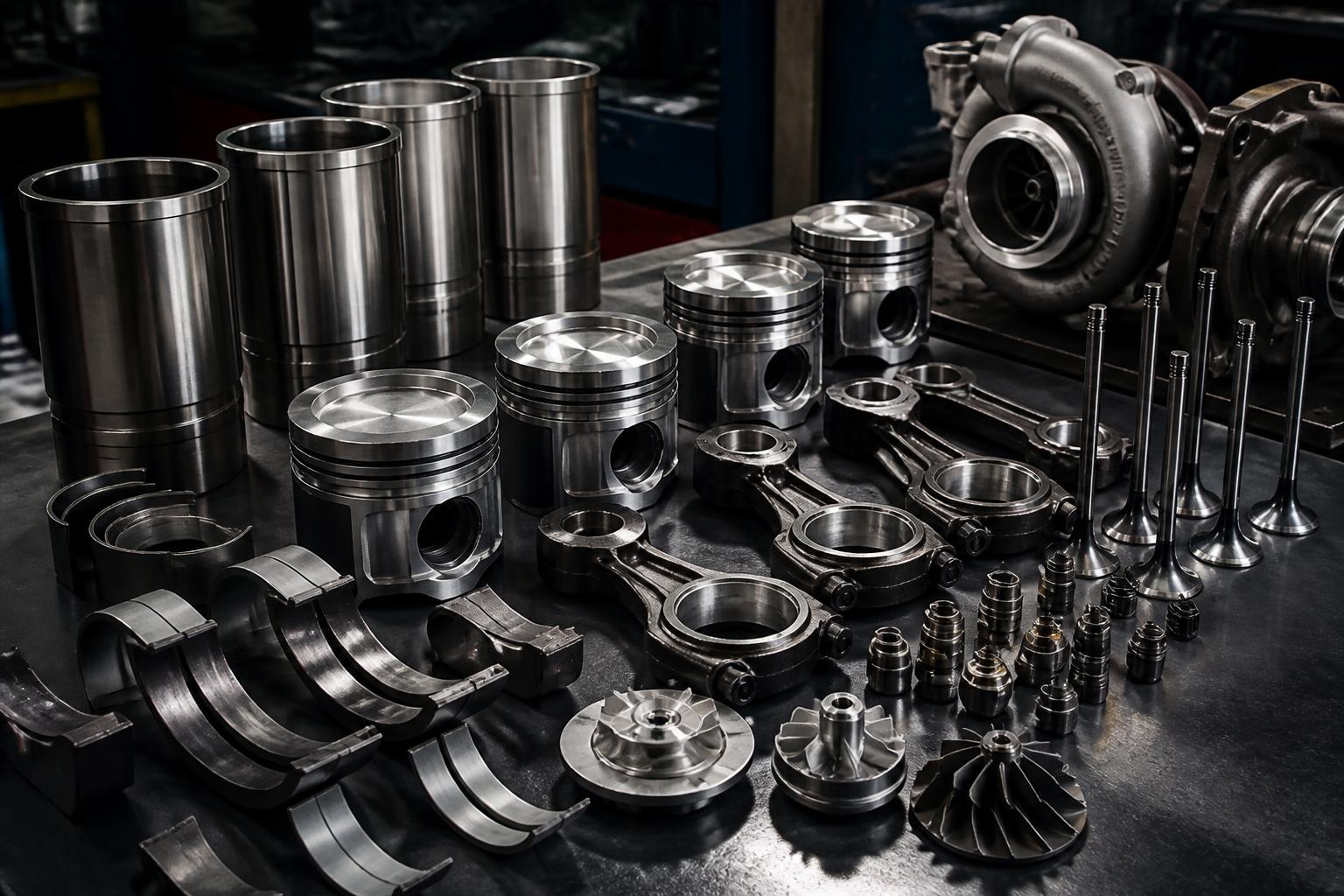 Marine engine components including pistons, cylinder liners and connecting rods