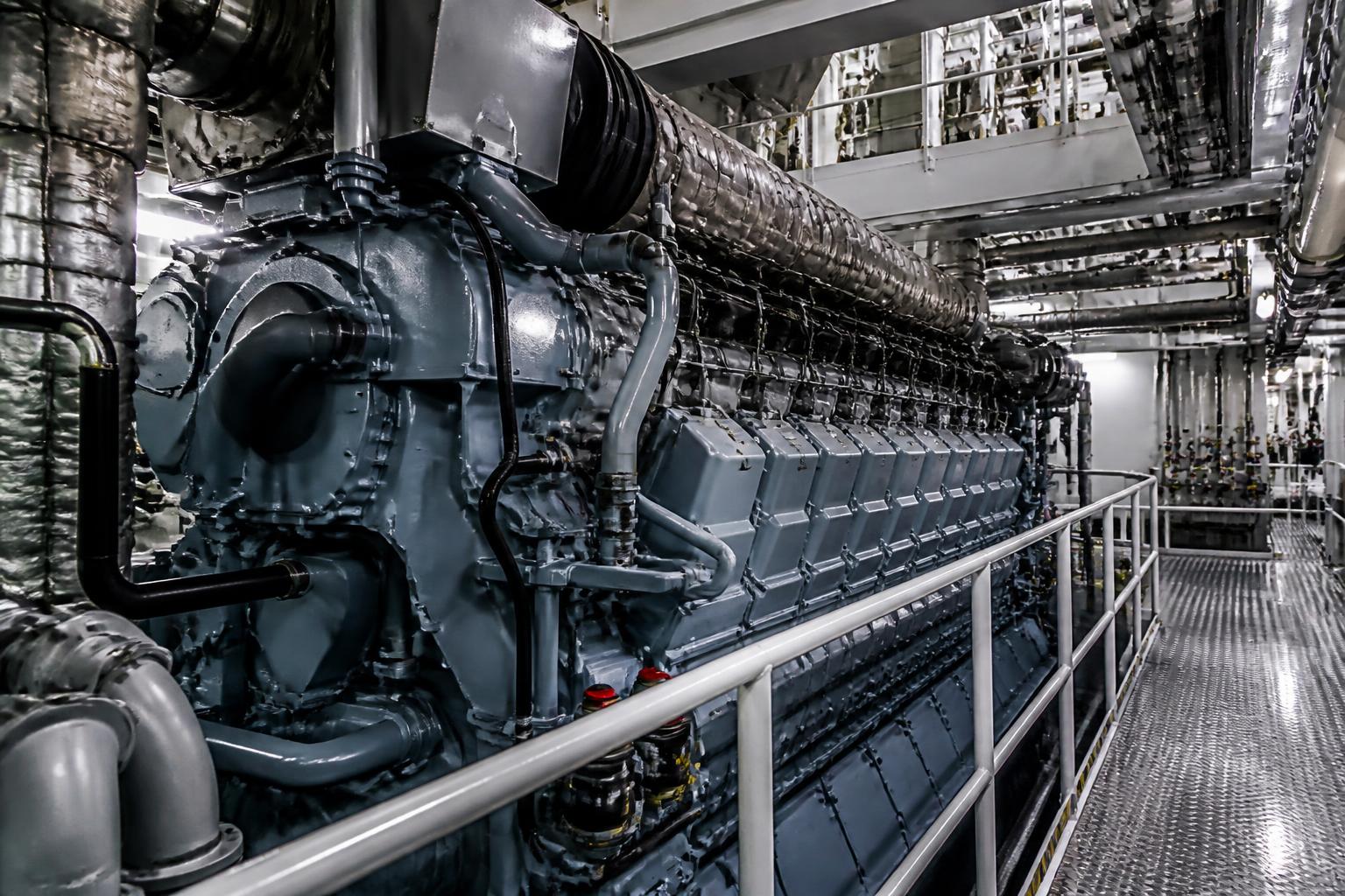 Large marine diesel engine inside a cargo vessel engine room