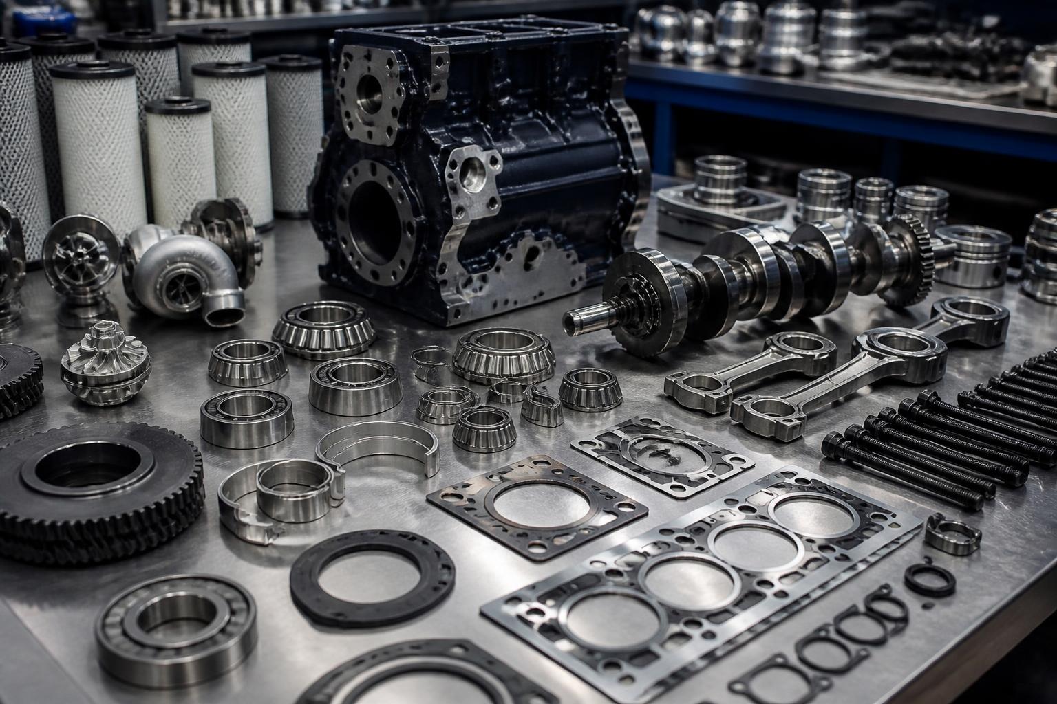 Marine spare parts, bearings, gaskets and precision components on a workshop bench