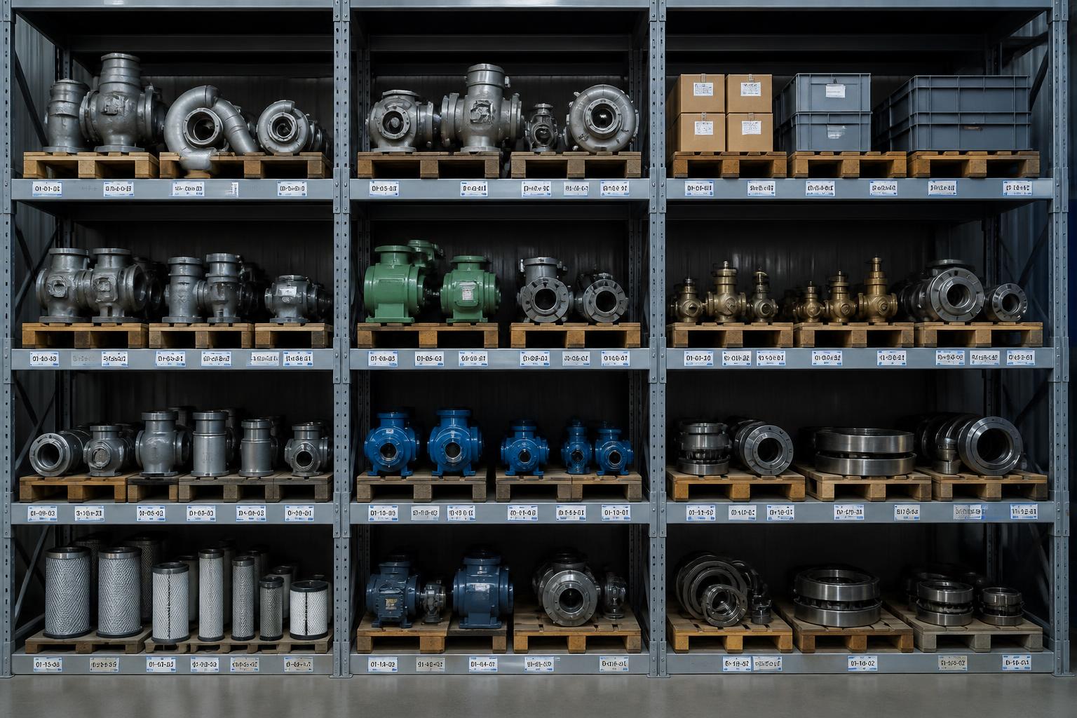Shelves of marine spare parts and machinery components in a warehouse